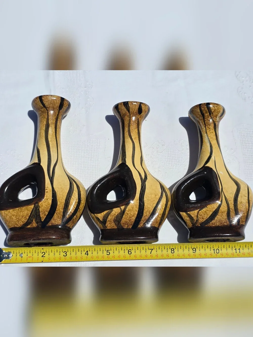 VTG Mid-Century Modern Yellow & Black Pierced Ceramic Candlestick Trio - As Is